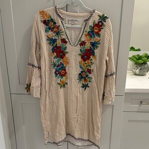 Johnny Was Beige Tunic with Colorful Embroidery